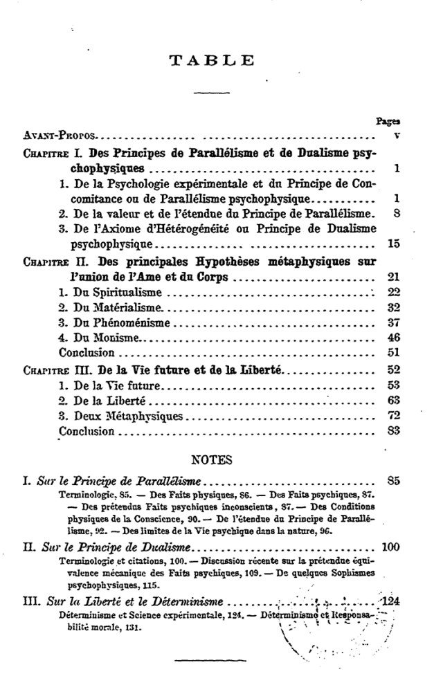 Métaphysique et Psychologie, table